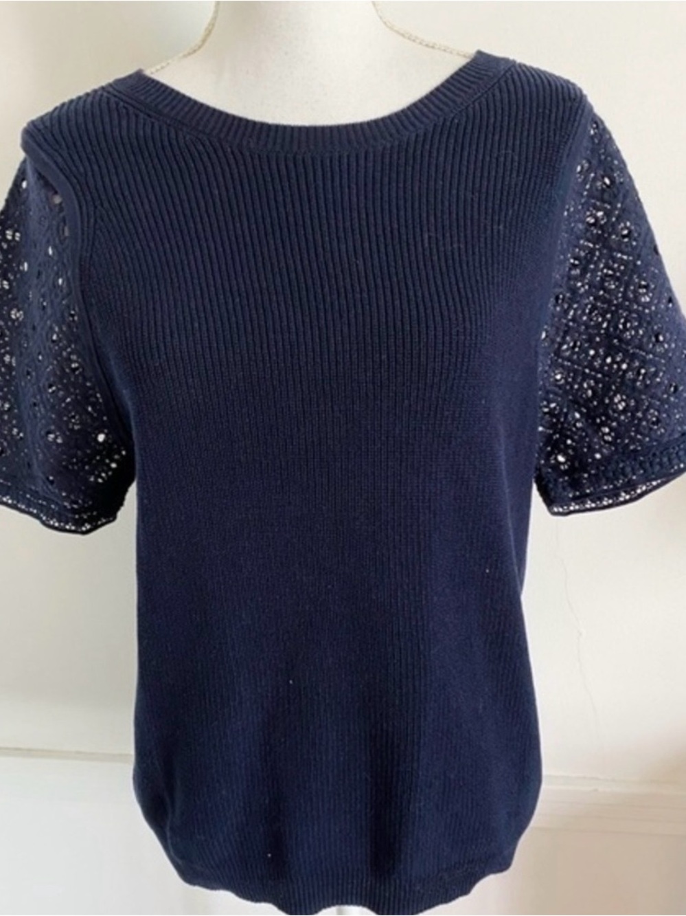 J. Crew • Navy Eyelet Short Sleeve Sweater Blouse